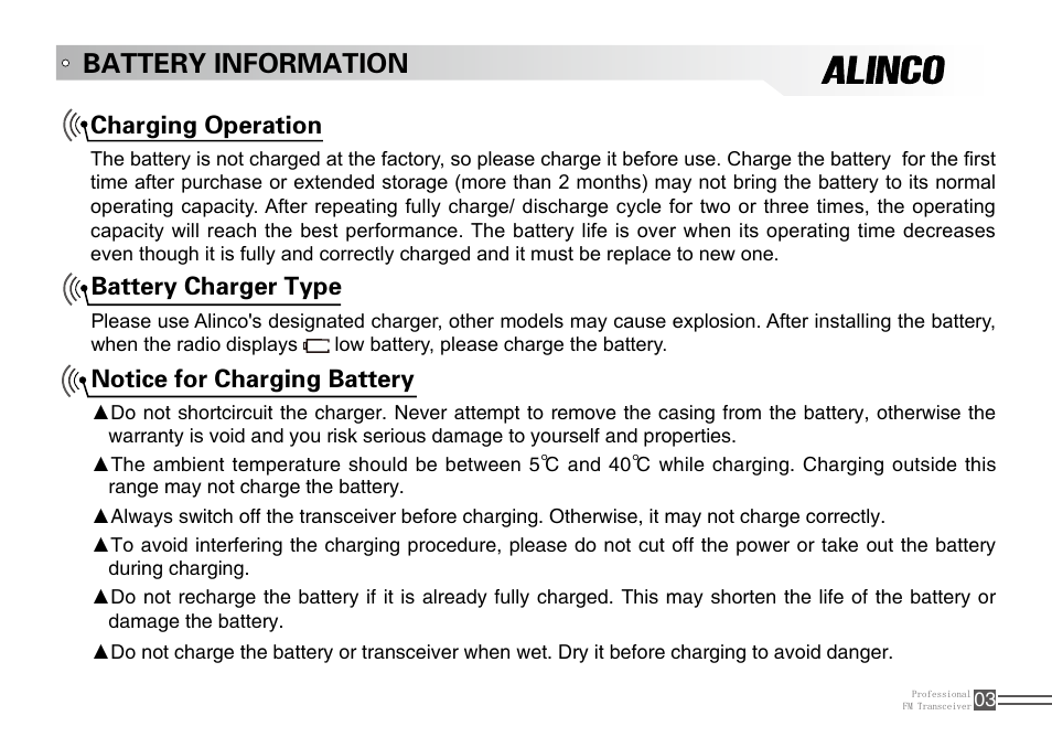 Battery information, Charging operation, Battery charger type | Notice for charging battery | Alinco DJ-100 User Manual | Page 20 / 78