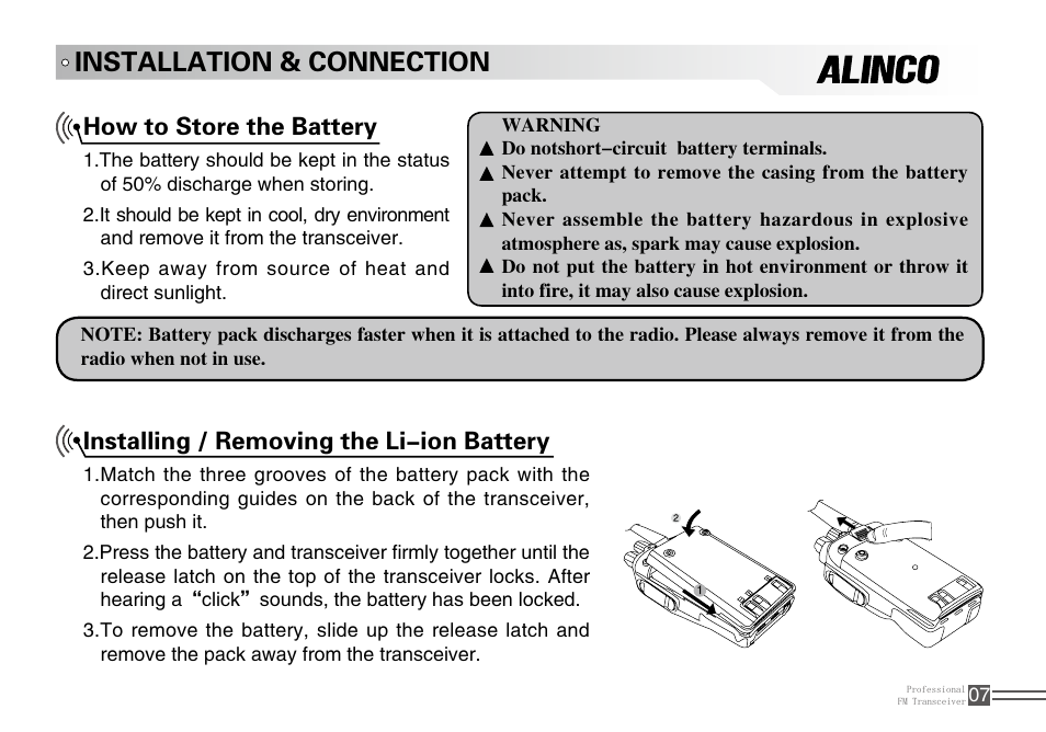 Installation & connection, Installing / removing the li-ion battery, How to store the battery | Alinco DJ-100 User Manual | Page 24 / 78