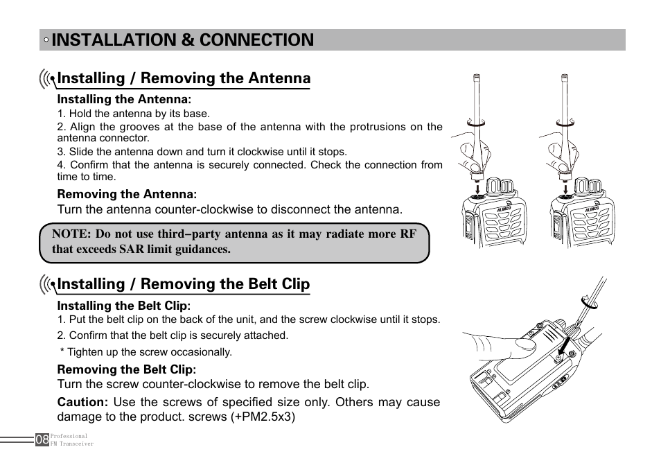 Installation & connection, Installing / removing the belt clip, Installing / removing the antenna | Alinco DJ-100 User Manual | Page 25 / 78