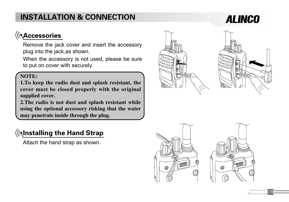 Installation & connection, Installing the hand strap, Accessories | Alinco DJ-100 User Manual | Page 26 / 78