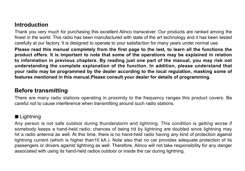 Introduction, Before transmitting | Alinco DJ-100 User Manual | Page 3 / 78