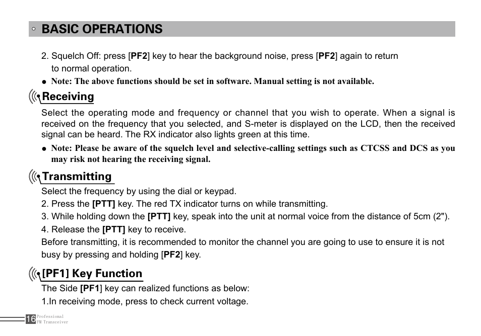 Basic operations, Receiving transmitting [pf1] key function | Alinco DJ-100 User Manual | Page 33 / 78