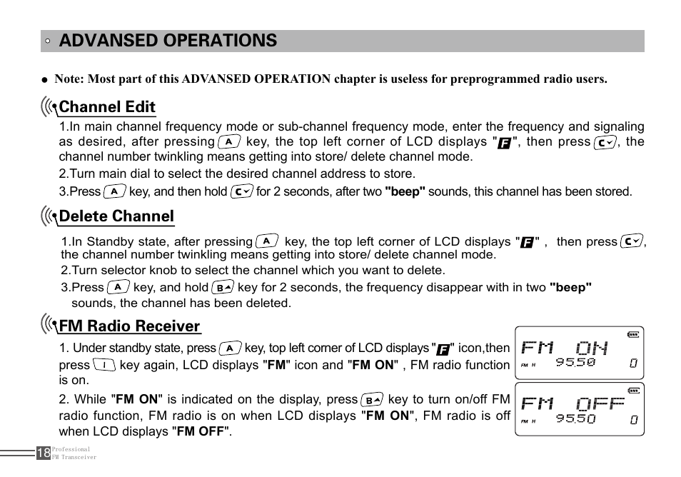 Advansed operations, Channel edit delete channel fm radio receiver | Alinco DJ-100 User Manual | Page 35 / 78