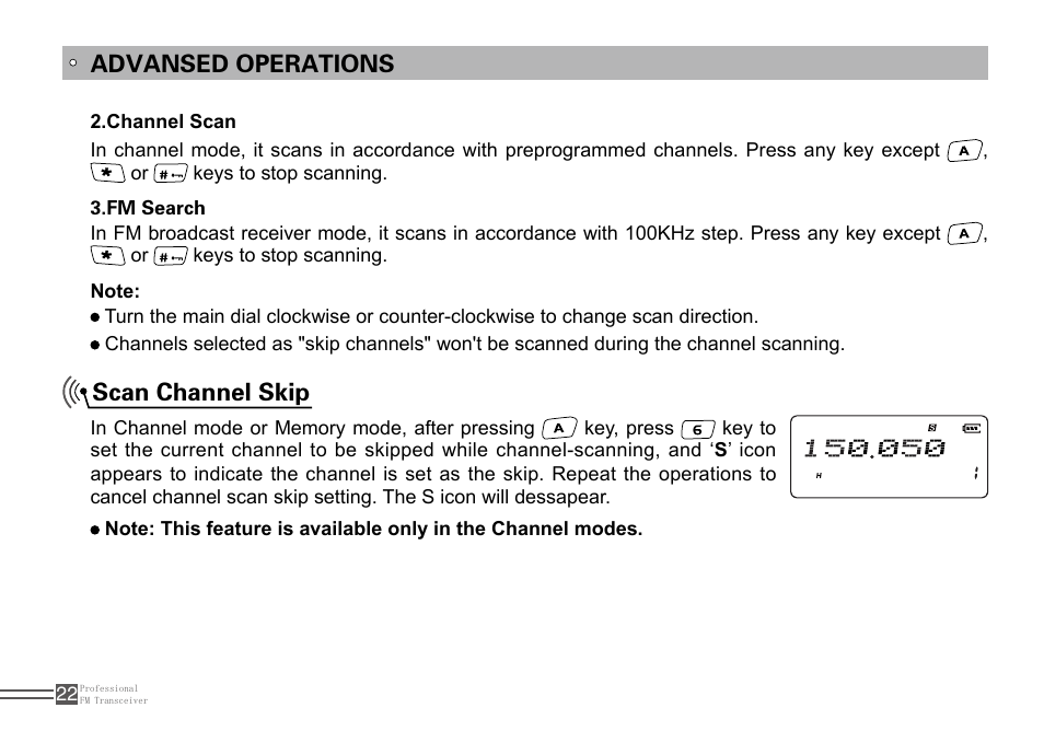 Scan channel skip, Advansed operations | Alinco DJ-100 User Manual | Page 39 / 78