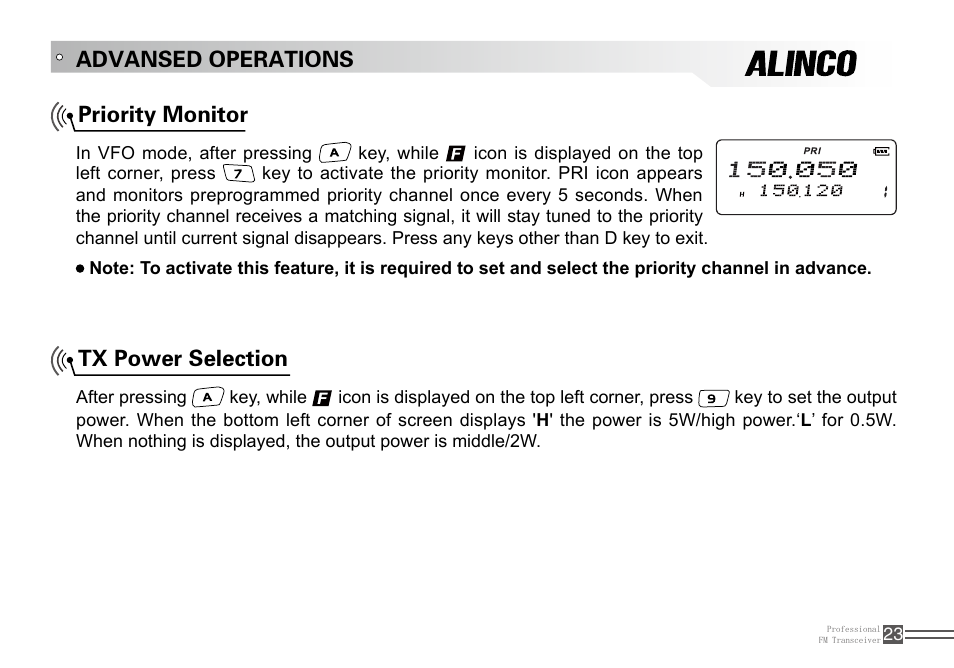 Priority monitor tx power selection, Advansed operations | Alinco DJ-100 User Manual | Page 40 / 78