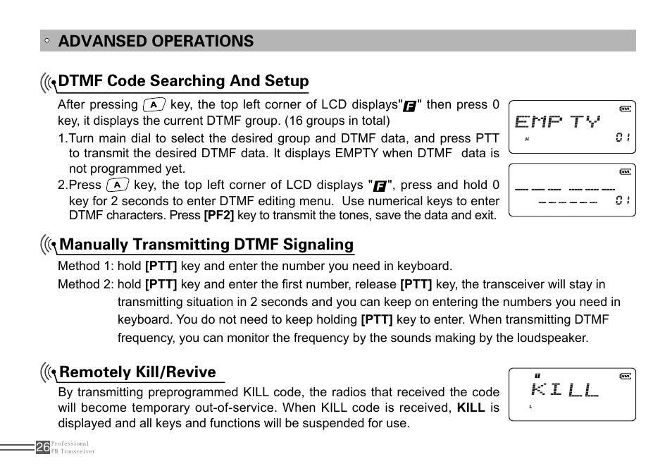 Remotely kill/revive, Advansed operations | Alinco DJ-100 User Manual | Page 43 / 78