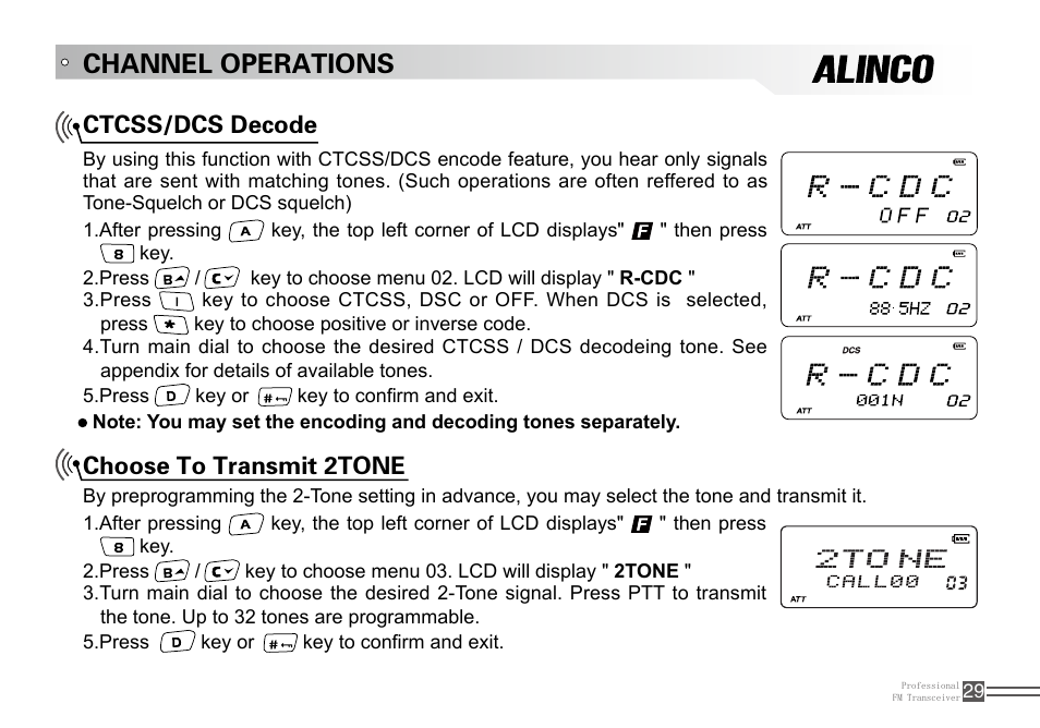 Channel operations, Ctcss/dcs decode choose to transmit 2tone | Alinco DJ-100 User Manual | Page 46 / 78