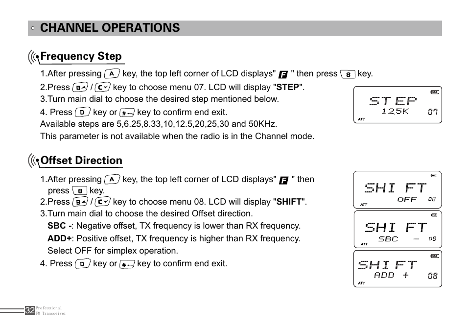 Channel operations, Frequency step offset direction | Alinco DJ-100 User Manual | Page 49 / 78