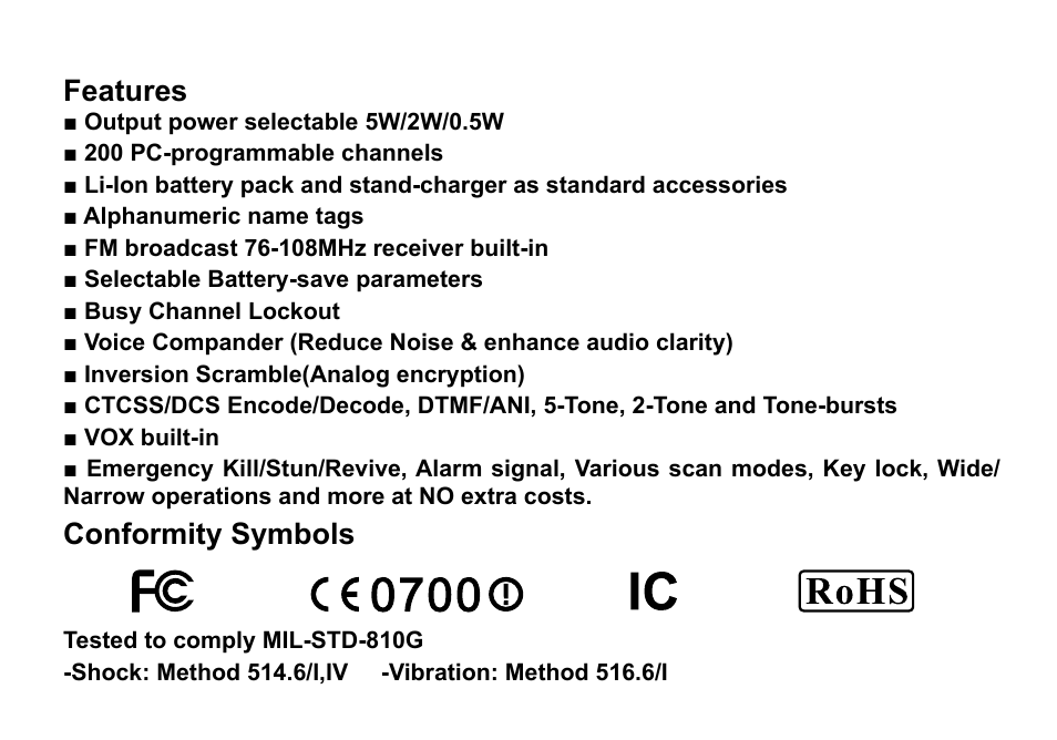 Features conformity symbols | Alinco DJ-100 User Manual | Page 5 / 78