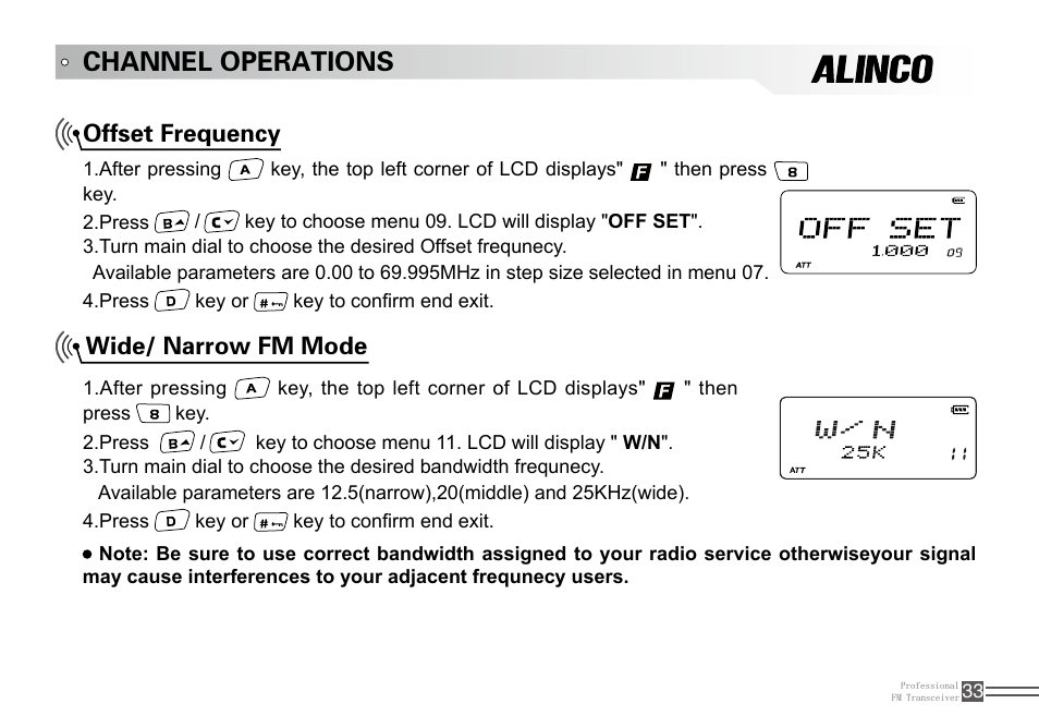 Channel operations, Offset frequency wide/ narrow fm mode | Alinco DJ-100 User Manual | Page 50 / 78