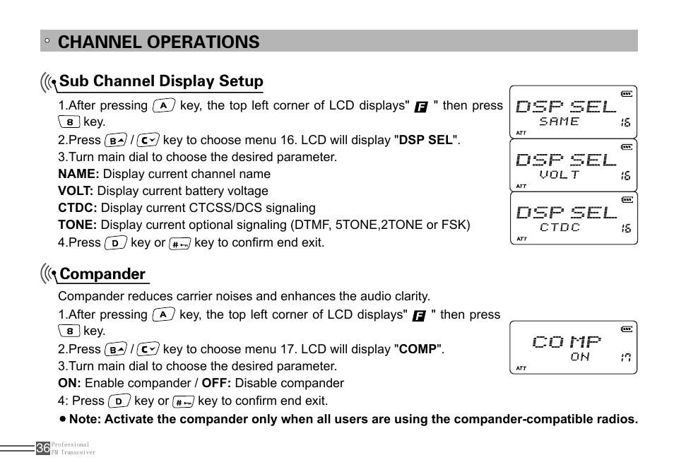 Channel operations, Sub channel display setup compander | Alinco DJ-100 User Manual | Page 53 / 78