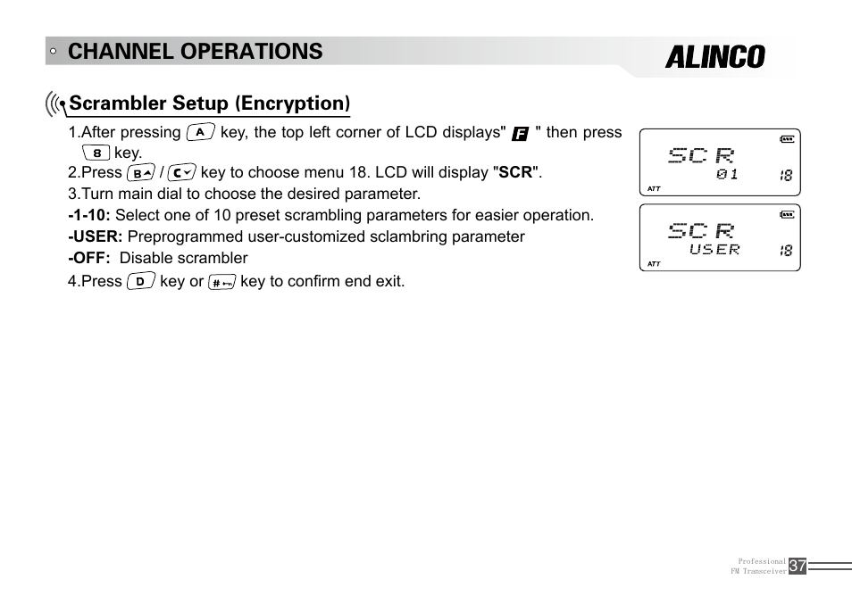 Channel operations, Scrambler setup (encryption) | Alinco DJ-100 User Manual | Page 54 / 78