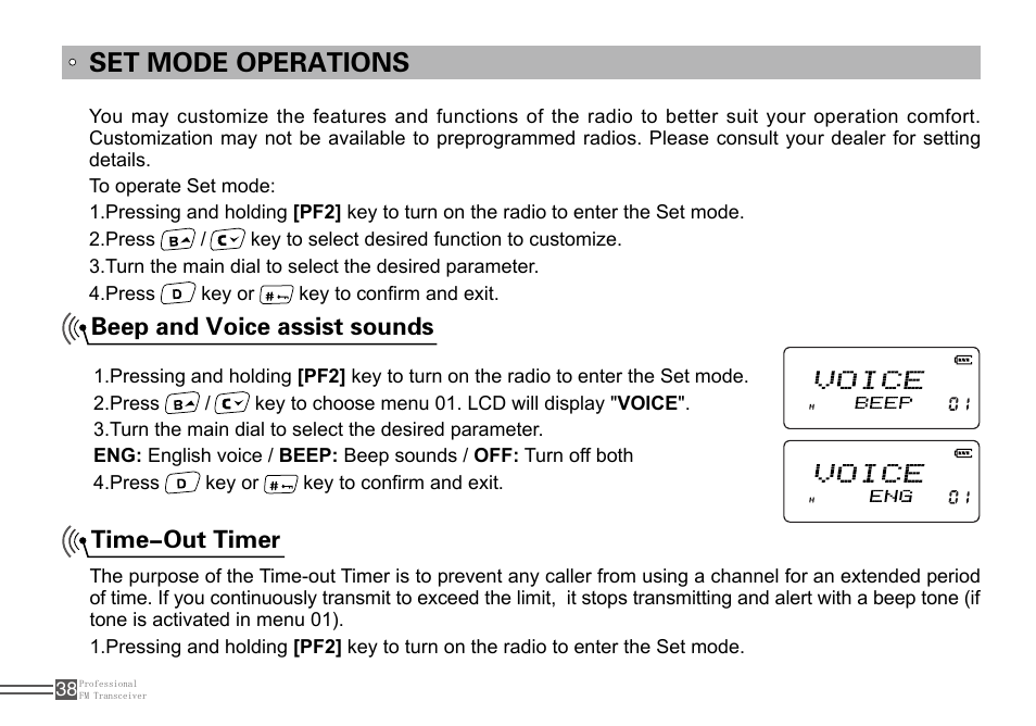 Set mode operations, Beep and voice assist sounds time-out timer | Alinco DJ-100 User Manual | Page 55 / 78