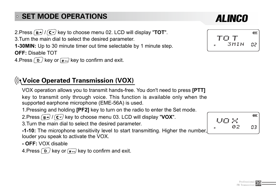 Set mode operations, Voice operated transmission (vox) | Alinco DJ-100 User Manual | Page 56 / 78