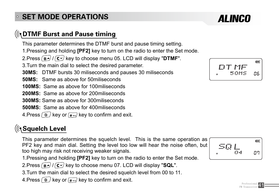 Set mode operations, Dtmf burst and pause timing squelch level | Alinco DJ-100 User Manual | Page 58 / 78