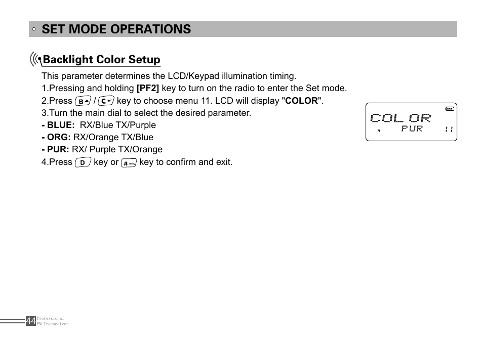 Set mode operations, Backlight color setup | Alinco DJ-100 User Manual | Page 61 / 78