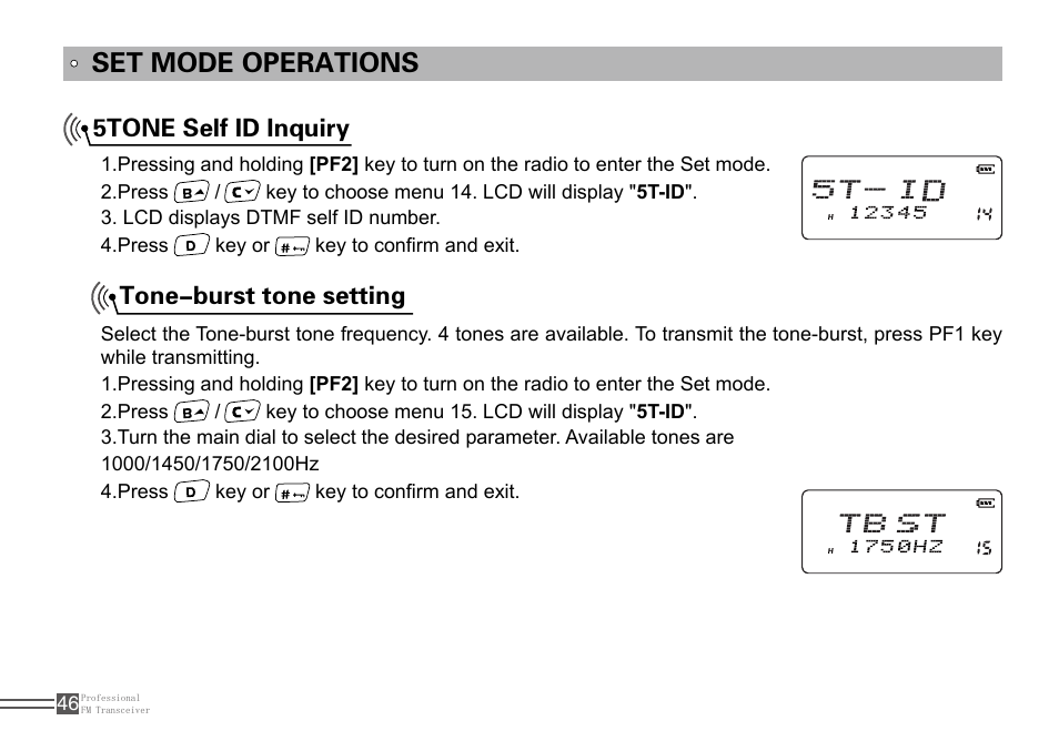 Set mode operations, 5tone self id inquiry tone-burst tone setting | Alinco DJ-100 User Manual | Page 63 / 78