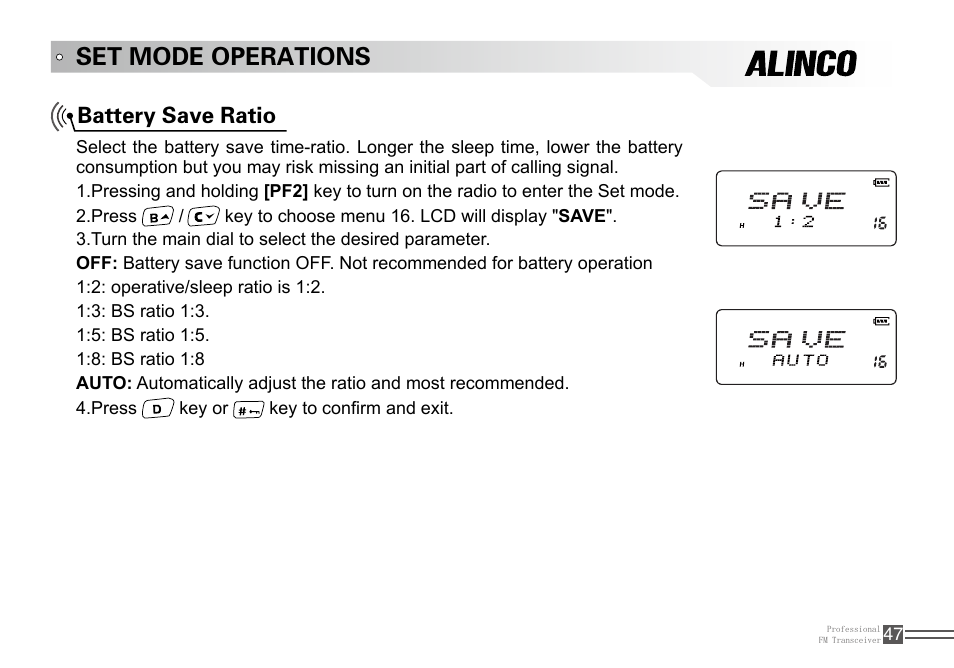 Set mode operations, Battery save ratio | Alinco DJ-100 User Manual | Page 64 / 78