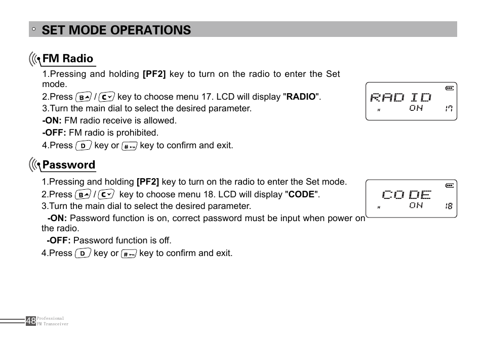 Set mode operations, Fm radio password | Alinco DJ-100 User Manual | Page 65 / 78