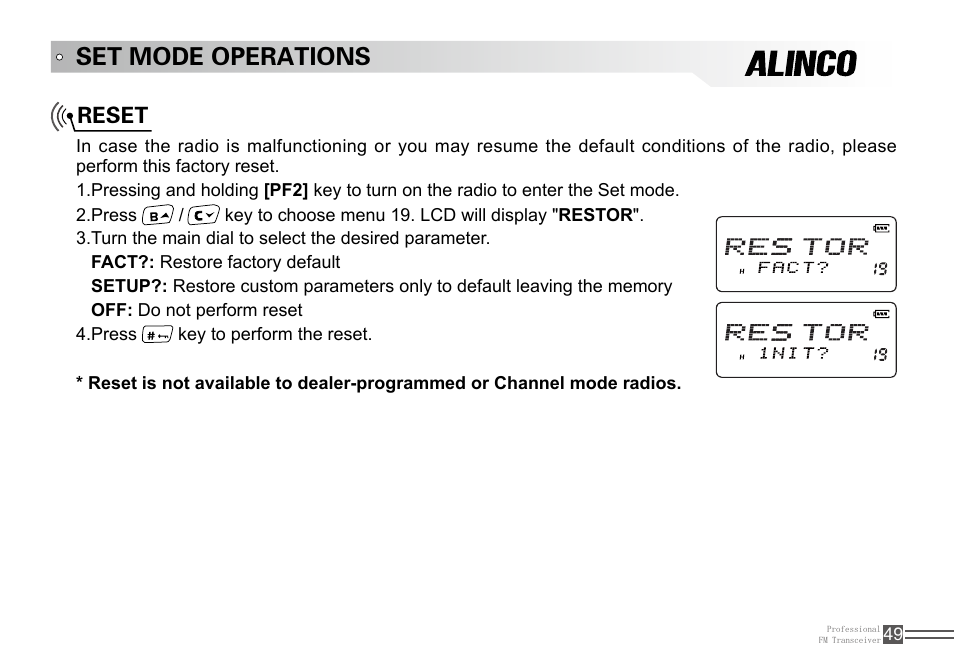 Set mode operations, Reset | Alinco DJ-100 User Manual | Page 66 / 78