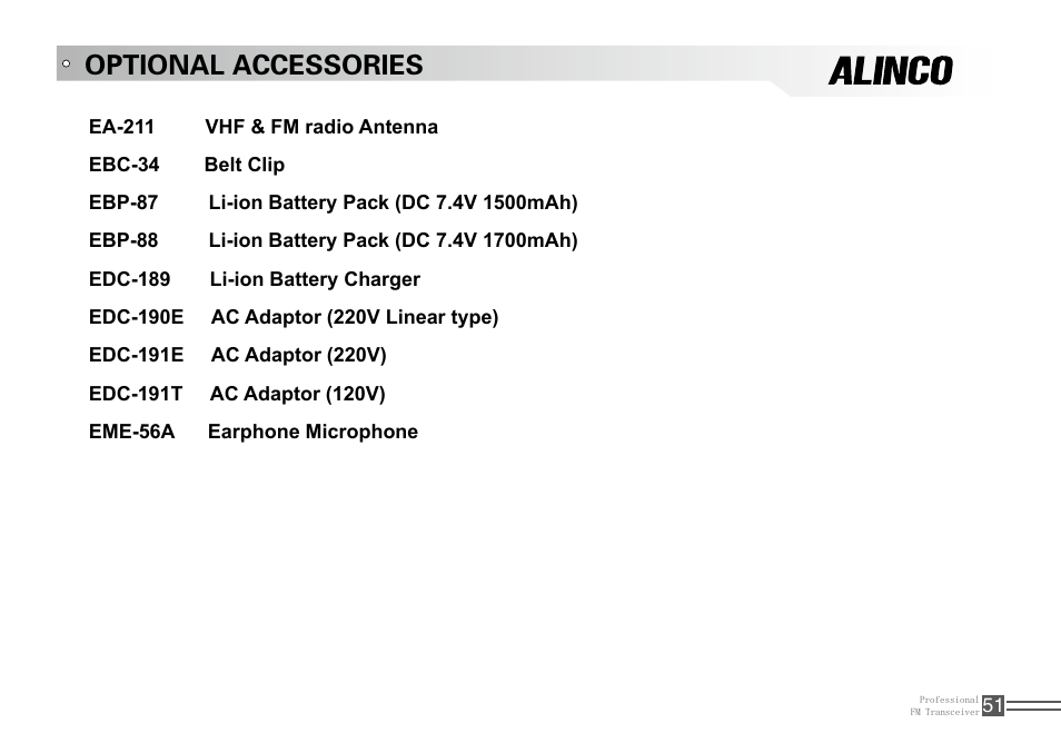 Optional accessories | Alinco DJ-100 User Manual | Page 68 / 78