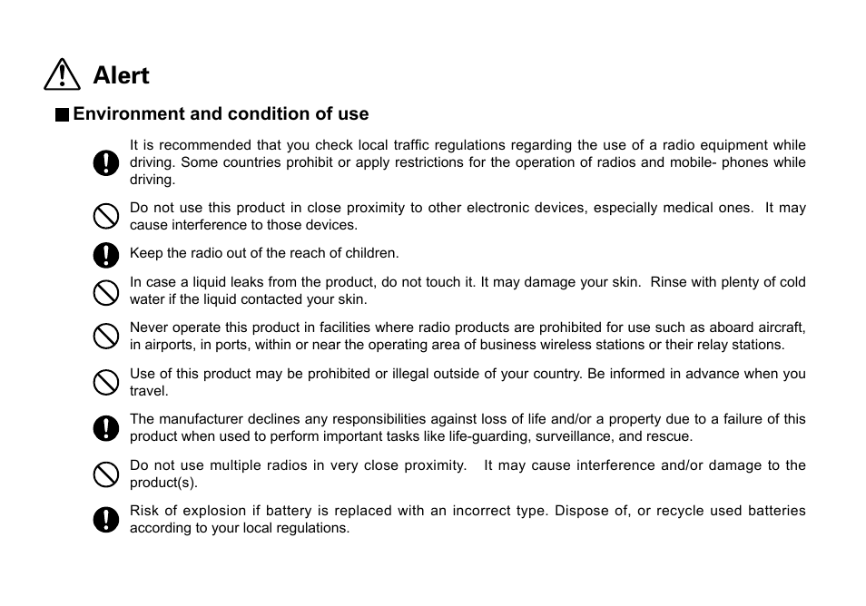 Alert, Environment and condition of use | Alinco DJ-100 User Manual | Page 9 / 78