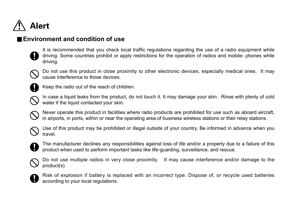 Alert, Environment and condition of use | Alinco DJ-A10 User Manual | Page 10 / 81