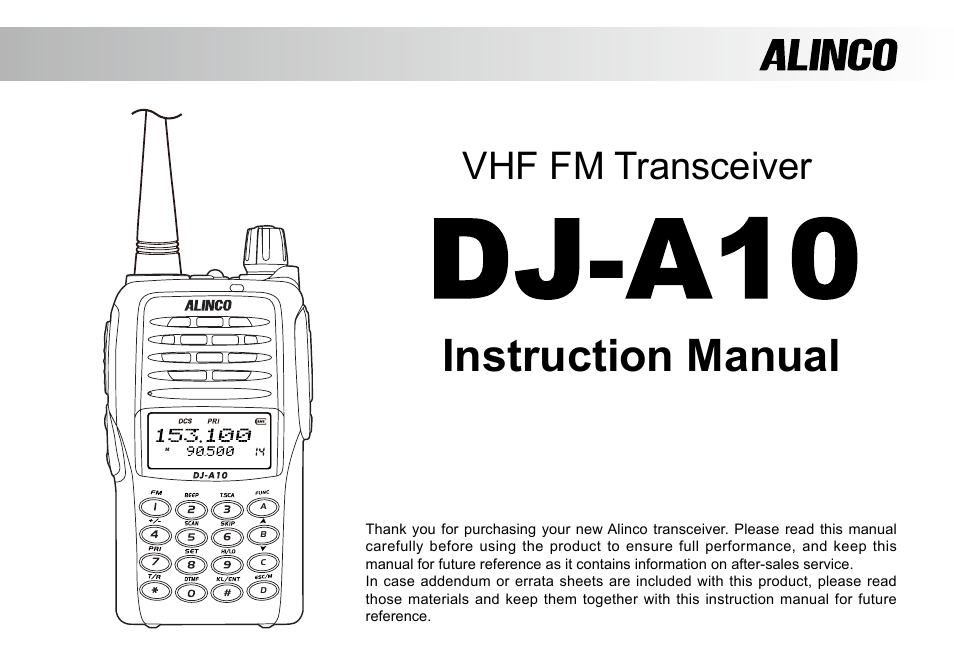 Instruction manual, Vhf fm transceiver | Alinco DJ-A10 User Manual | Page 2 / 81