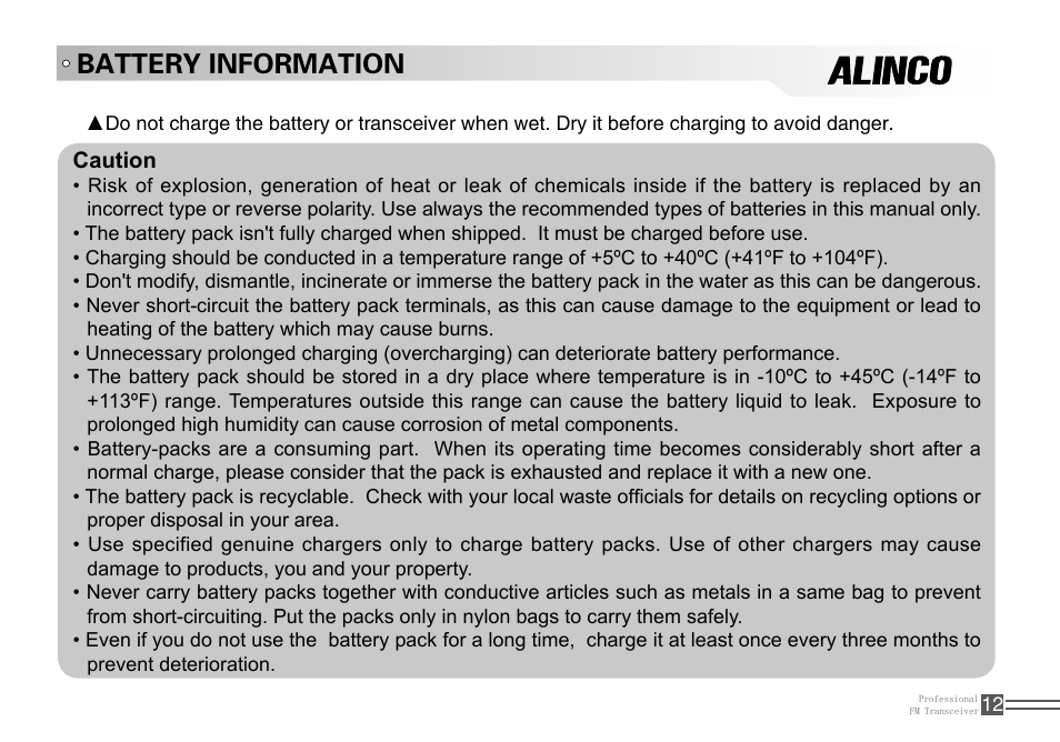 Battery information | Alinco DJ-A10 User Manual | Page 30 / 81