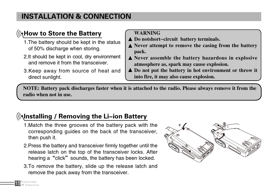 Installation & connection, Installing / removing the li-ion battery, How to store the battery | Alinco DJ-A10 User Manual | Page 33 / 81