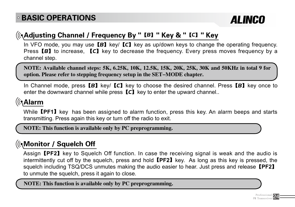 Basic operations, Alarm, Adjusting channel / frequency by | Monitor / squelch off | Alinco DJ-A10 User Manual | Page 42 / 81