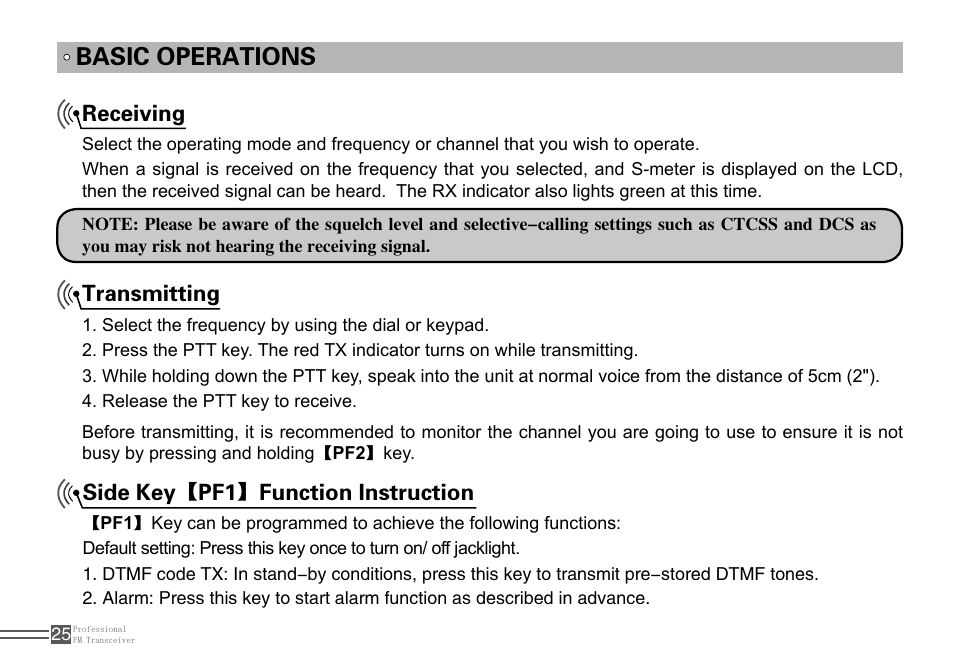 Basic operations, Transmitting, Receiving | Side key【pf1】function instruction | Alinco DJ-A10 User Manual | Page 43 / 81