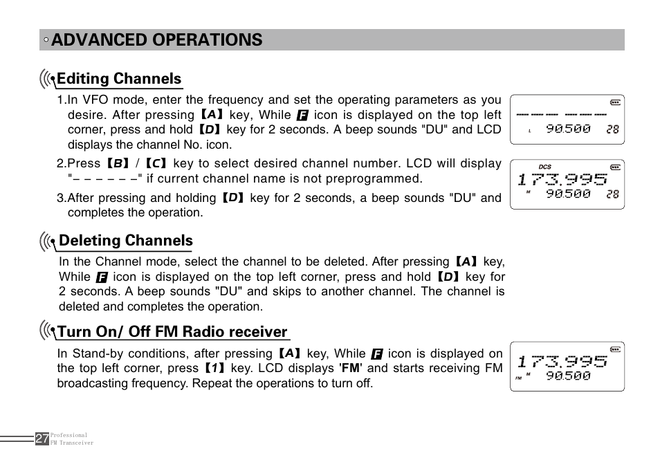 Advanced operations, Editing channels, Turn on/ off fm radio receiver | Deleting channels | Alinco DJ-A10 User Manual | Page 45 / 81