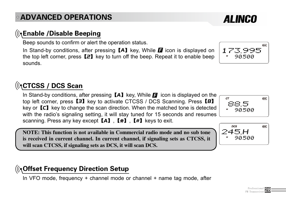 Advanced operations, Enable /disable beeping, Offset frequency direction setup | Ctcss / dcs scan | Alinco DJ-A10 User Manual | Page 46 / 81