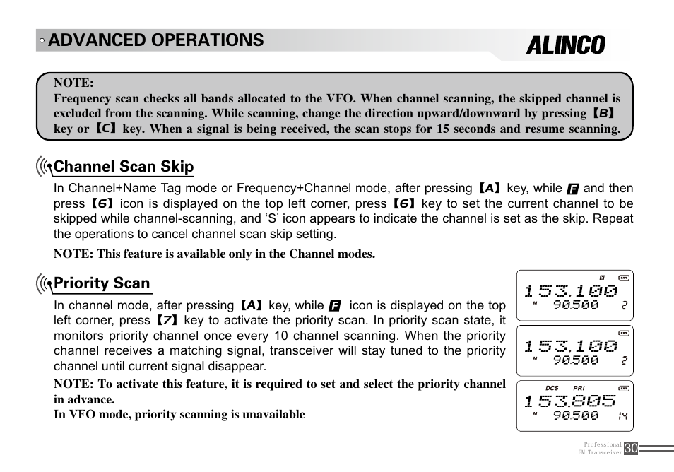 Advanced operations, Priority scan, Channel scan skip | Alinco DJ-A10 User Manual | Page 48 / 81