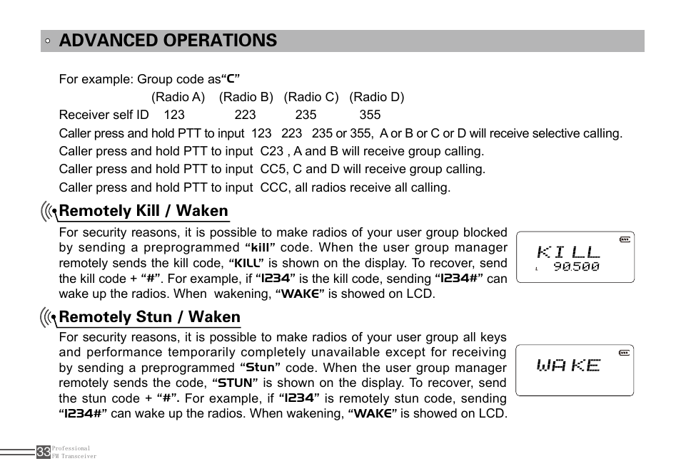 Advanced operations, Remotely kill / waken, Remotely stun / waken | Alinco DJ-A10 User Manual | Page 51 / 81