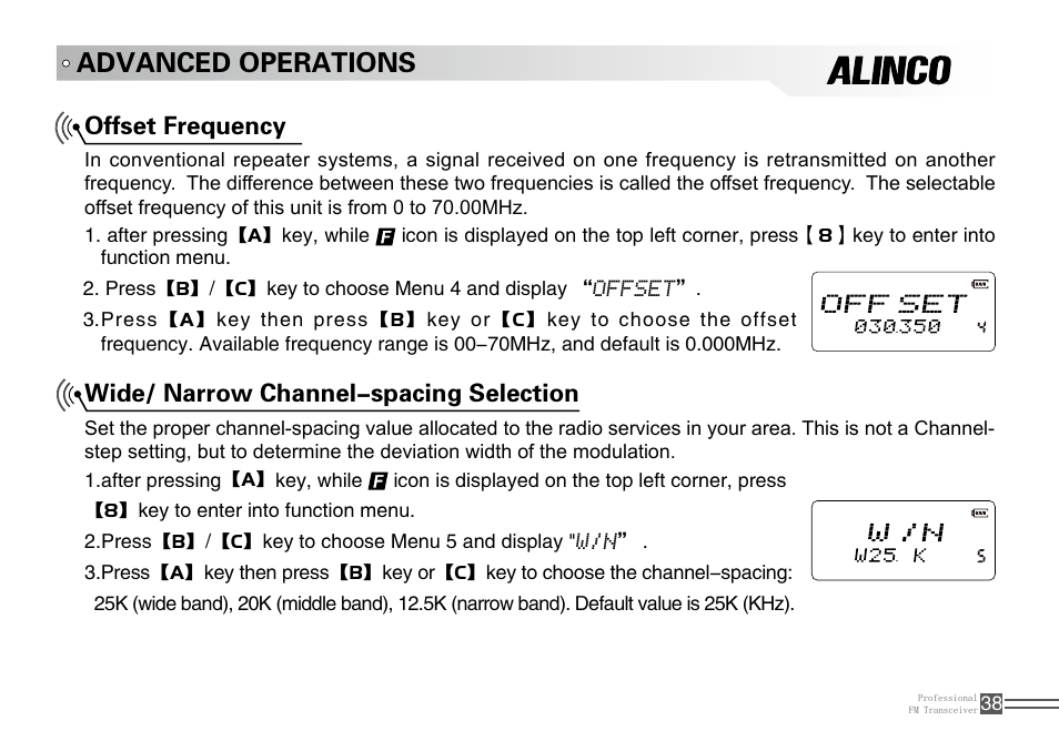 Advanced operations, Wide/ narrow channel-spacing selection, Offset frequency | Alinco DJ-A10 User Manual | Page 56 / 81
