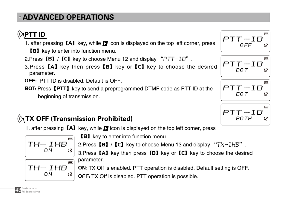 Advanced operations, Ptt id, Tx off (transmission prohibited) | Alinco DJ-A10 User Manual | Page 61 / 81