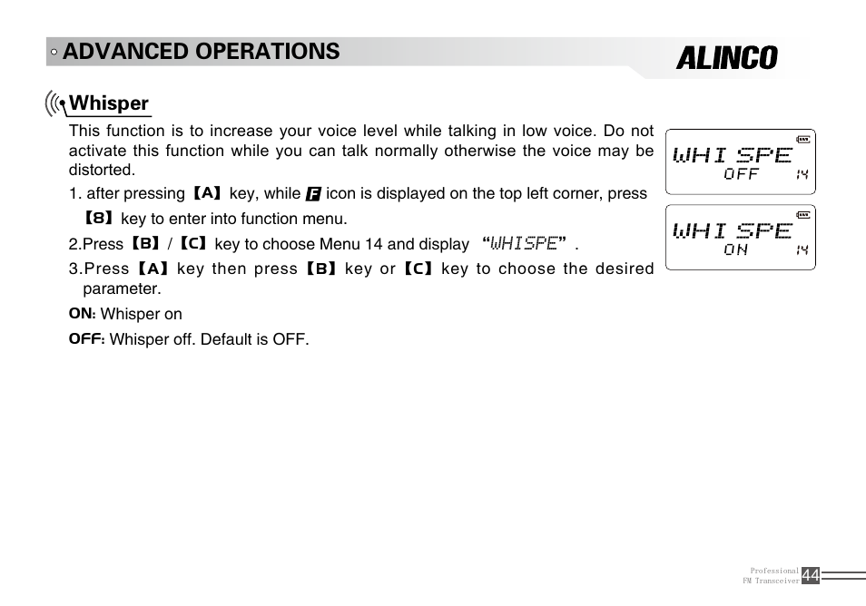 Advanced operations, Whisper | Alinco DJ-A10 User Manual | Page 62 / 81