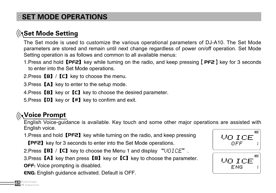 Set mode operations, Voice prompt, Set mode setting | Alinco DJ-A10 User Manual | Page 63 / 81