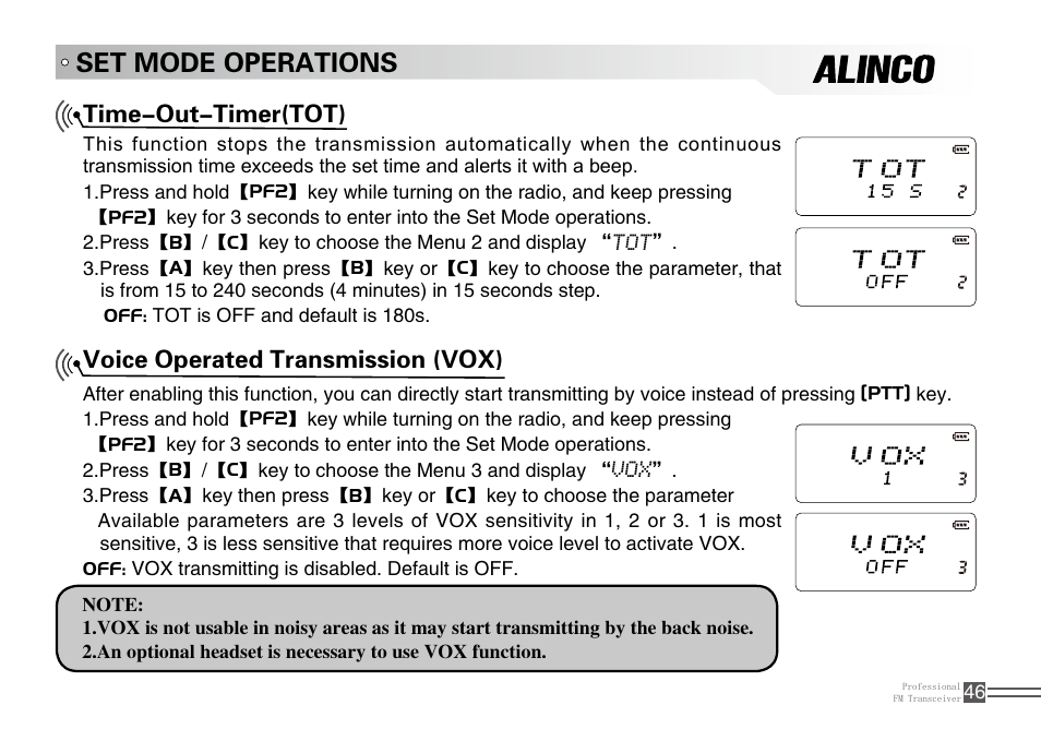 Set mode operations, Time-out-timer(tot), Voice operated transmission (vox) | Alinco DJ-A10 User Manual | Page 64 / 81