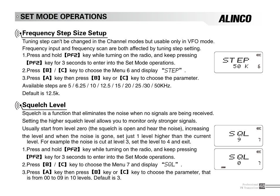 Set mode operations, Frequency step size setup, Squelch level | Alinco DJ-A10 User Manual | Page 66 / 81
