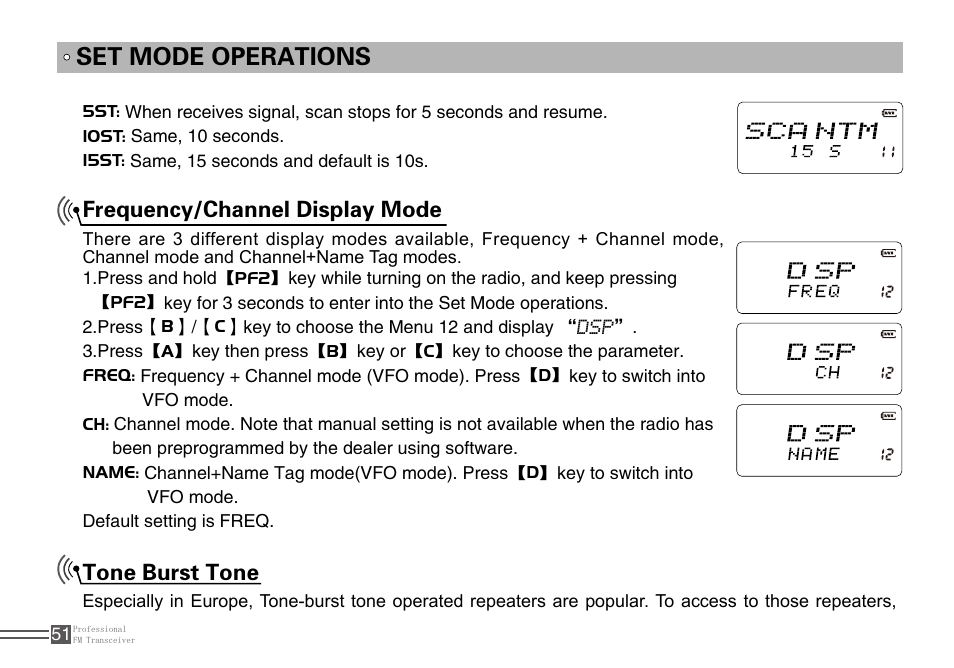 Set mode operations, Frequency/channel display mode, Tone burst tone | Alinco DJ-A10 User Manual | Page 69 / 81