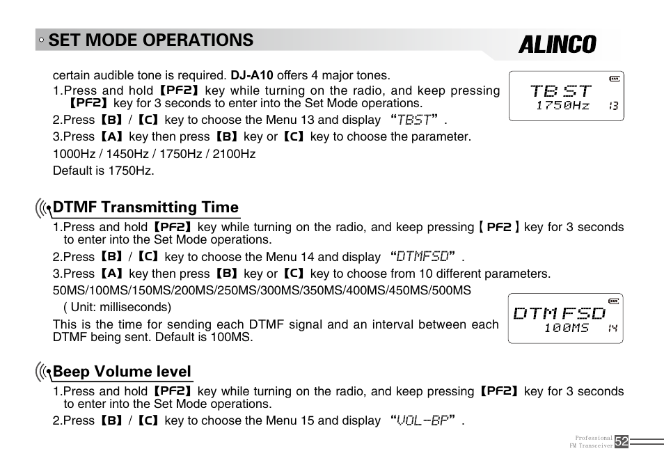 Set mode operations, Dtmf transmitting time, Beep volume level | Alinco DJ-A10 User Manual | Page 70 / 81