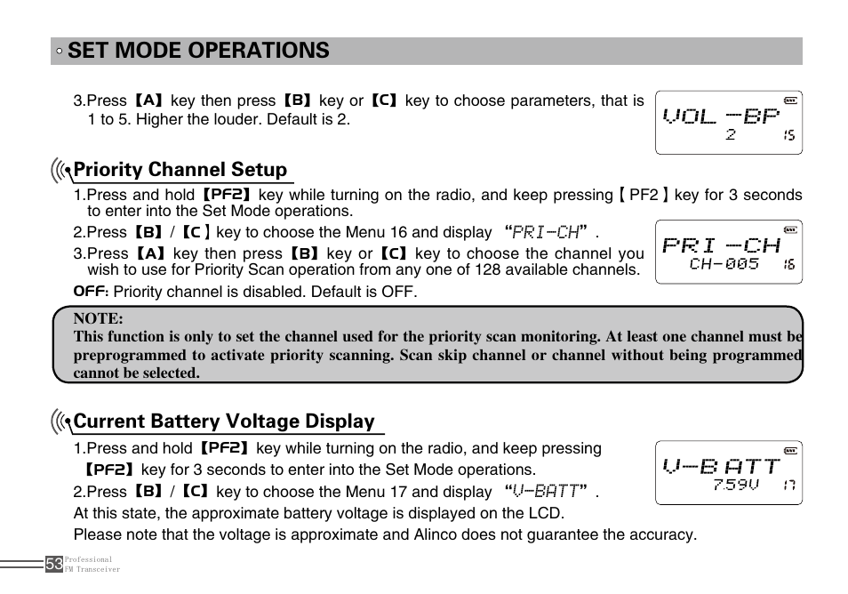 Set mode operations, Priority channel setup, Current battery voltage display | Alinco DJ-A10 User Manual | Page 71 / 81