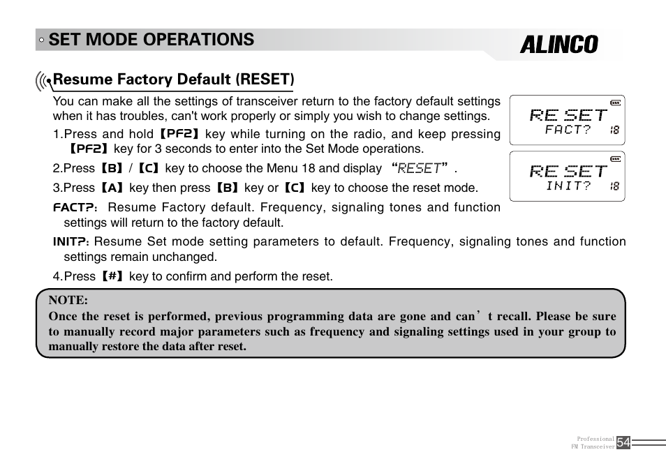 Set mode operations, Resume factory default (reset) | Alinco DJ-A10 User Manual | Page 72 / 81