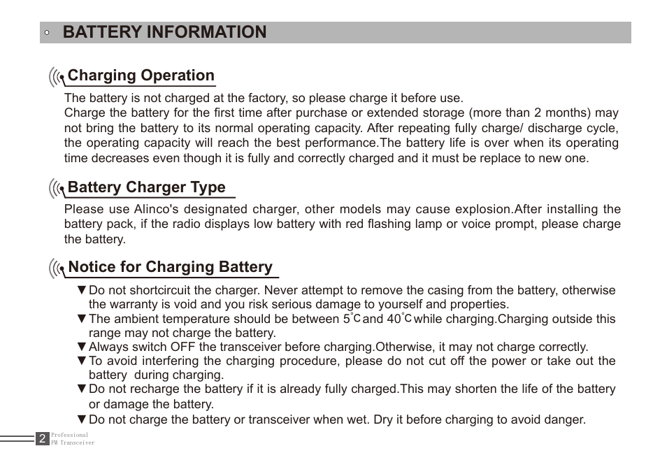 Battery information, Charging operation, Battery charger type | Notice for charging battery | Alinco DJ-A11E User Manual | Page 19 / 51