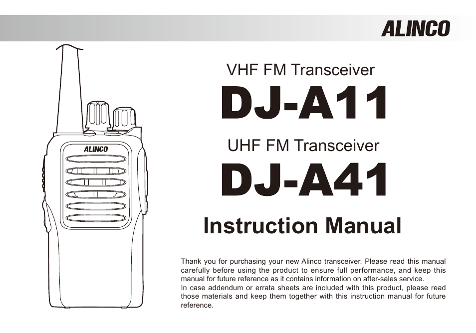 Instruction manual, Uhf fm transceiver, Vhf fm transceiver | Alinco DJ-A11E User Manual | Page 2 / 51