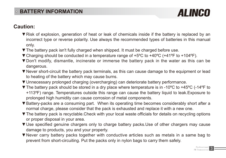 Battery information, Caution | Alinco DJ-A11E User Manual | Page 20 / 51