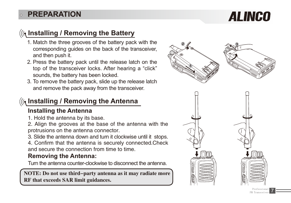 Preparation, Installing / removing the battery, Installing / removing the antenna | Alinco DJ-A11E User Manual | Page 24 / 51